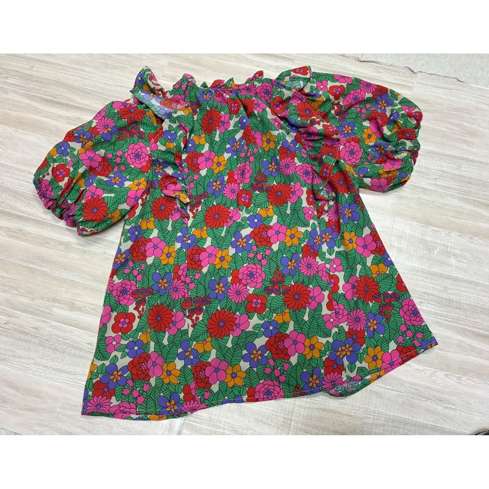 entro Floral Ruffle Puff Sleeve Blouse Retro Multicolor V-Neck L - Picture 5 of 5